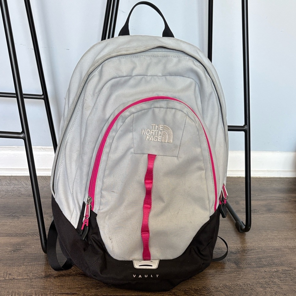 The North Face Light Gray and Pink Backpack